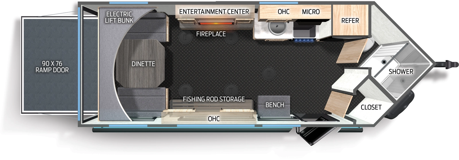 The Cascade 17THHC floorplan is a toy hauler that has one entry and zero slide outs. Exterior features include: metal exterior. Interiors features include: bunk beds.